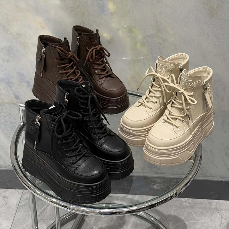 【温文尔雅】百搭英伦风时尚9CM加绒雪地靴马丁靴女系带短靴9387-7