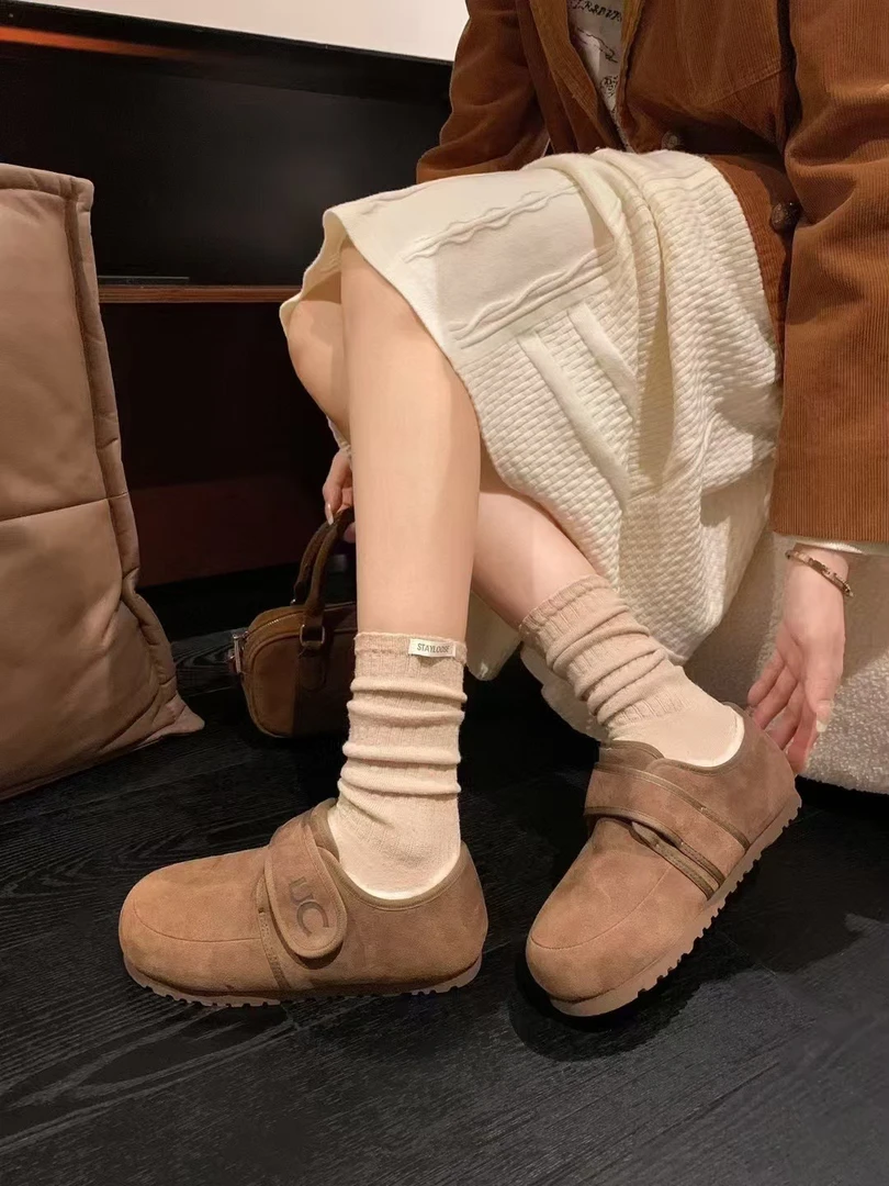 「欧尼家」2024冬季磨砂皮魔术贴勃肯鞋女加绒保暖复古面包棉鞋