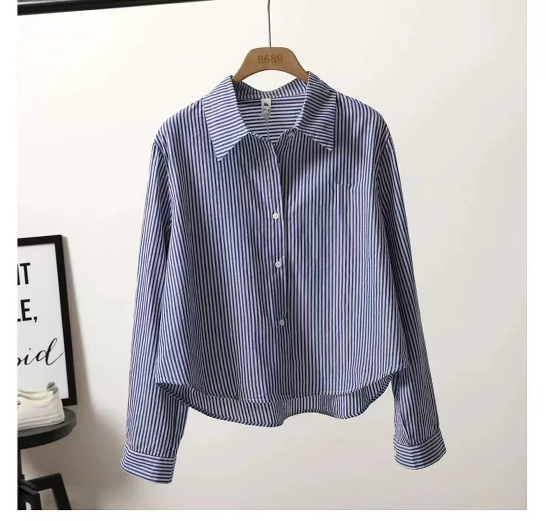 蓝色短款条纹衬衫女装薄款衬衣2025新品长袖宽松休闲上衣外穿百搭