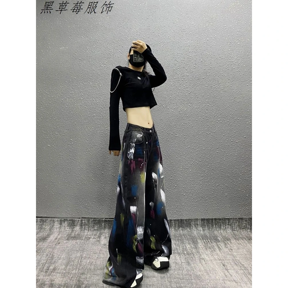 个性彩绘拼色牛仔阔腿拖地裤女秋季新款高腰宽松显瘦衣服女装夏季