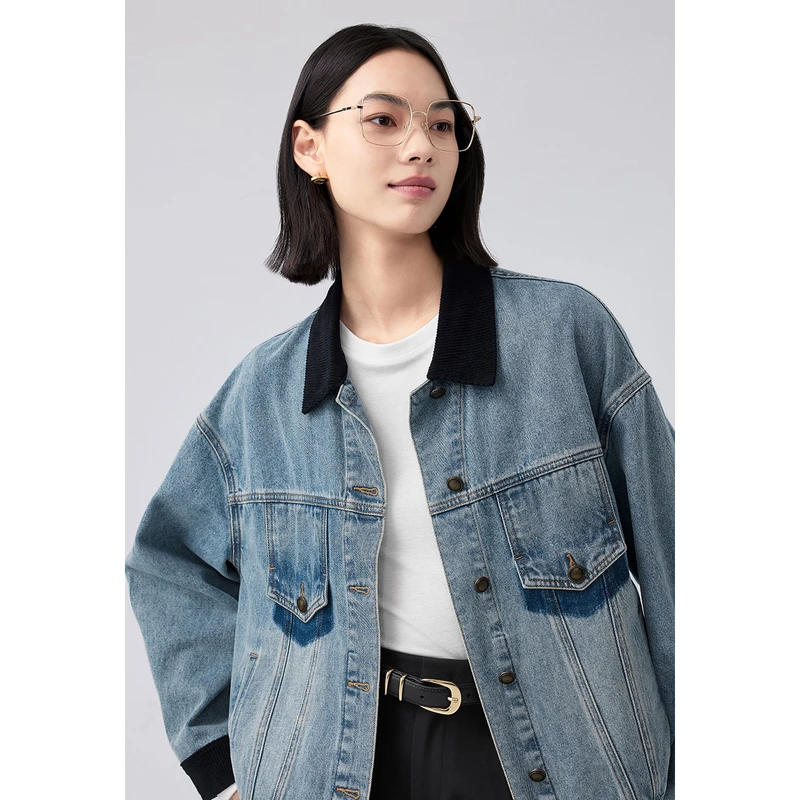 伊芙丽灯芯绒撞色拼接超好看牛仔外套女上衣1F1910981