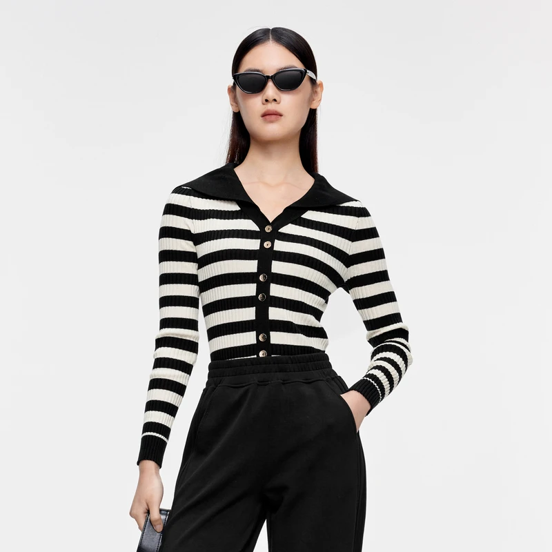 【陈大可】伊芙丽海军领修身条纹毛衫