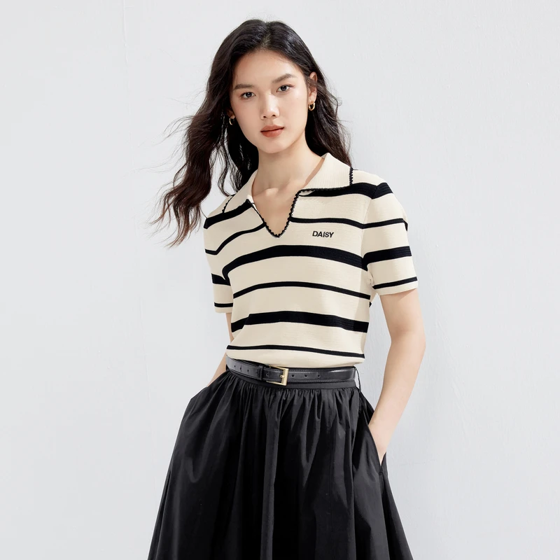 【直降618】伊芙丽POLO领条纹撞色针织衫夏装经典休闲1F4933291