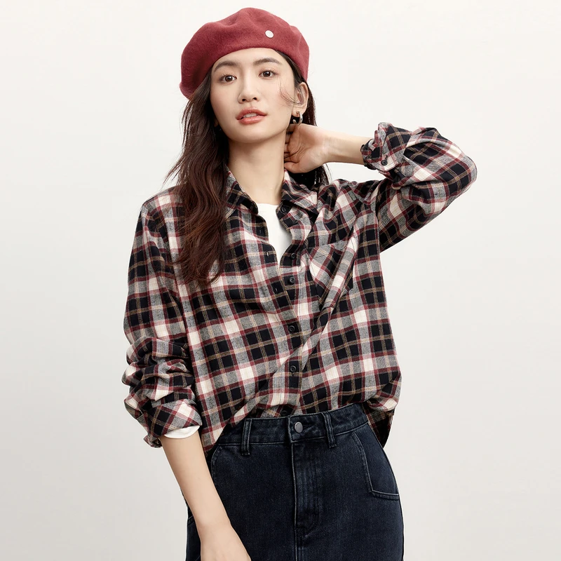 【衣衣专属】伊芙丽磨毛亲肤舒适酒红色格子衬衫女秋装1F9924331