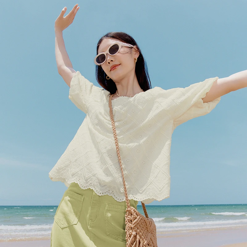 2991【赵老板】伊芙丽优雅气质休闲精致棉布绣泡泡袖衬衫女小上衣女