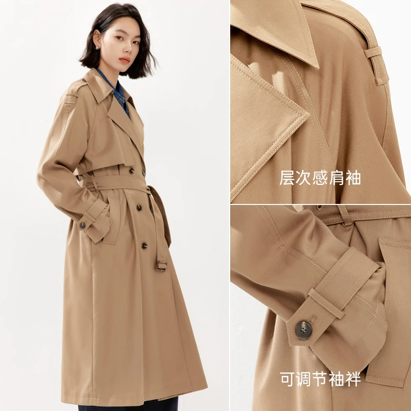 伊芙丽气质经典简约双排扣高级感廓形中长款风衣外套女1E2960601