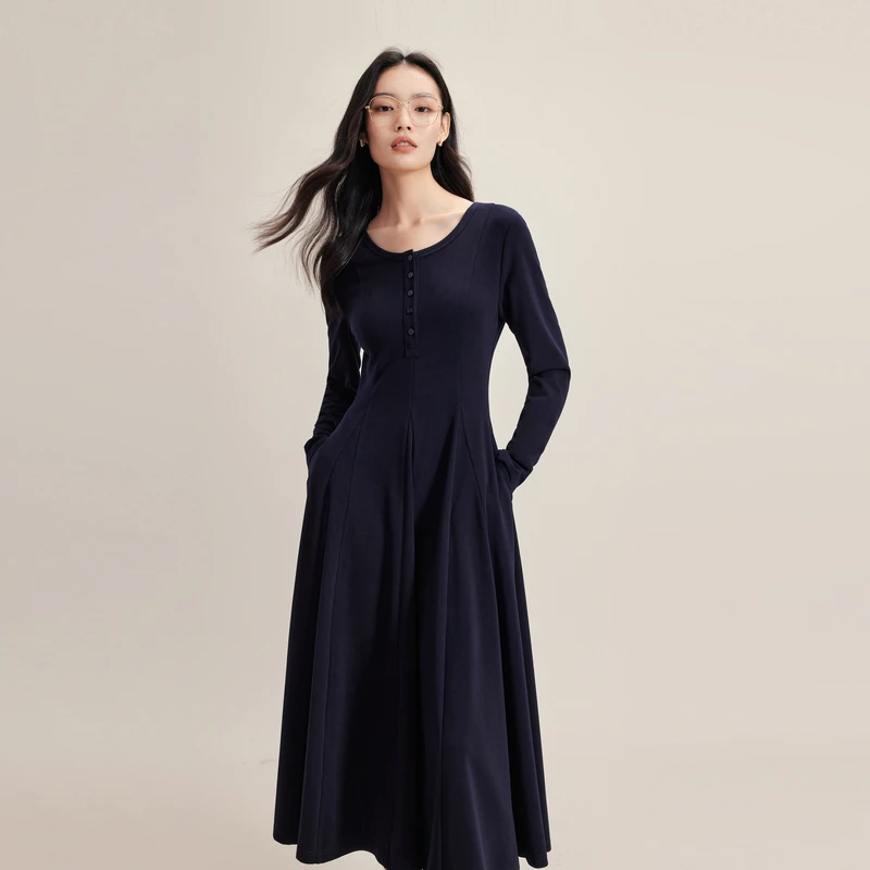 伊芙丽藏青色高级感简约针织长袖打底内搭连衣裙女裙子1E9993561