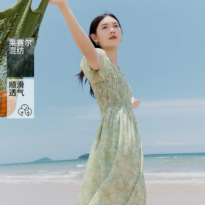 4631【赵老板】伊芙丽法式方领碎花设计感抽褶短袖连衣裙显瘦长裙女