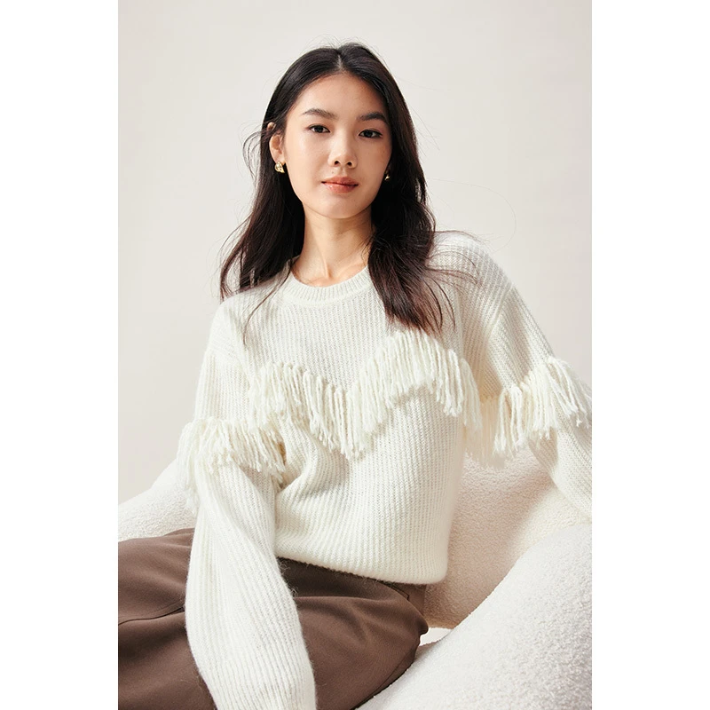 伊芙丽毛须边重工精致白色针织衫女优雅气质针织上衣1E8934091