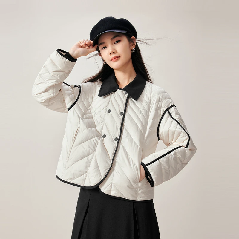 伊芙丽设计精致双排扣领可脱卸轻薄短款羽绒服热力感1E8980071