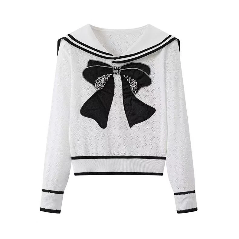 2024春秋新款小香风甜美别致披肩蝴蝶结时尚钉珠海军领针织衫上衣