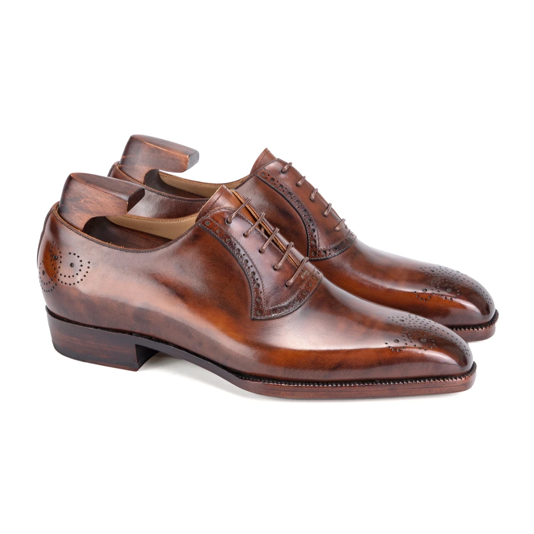 梵骅定制 男士雕花真皮系带擦色方头牛津琴底手工皮鞋