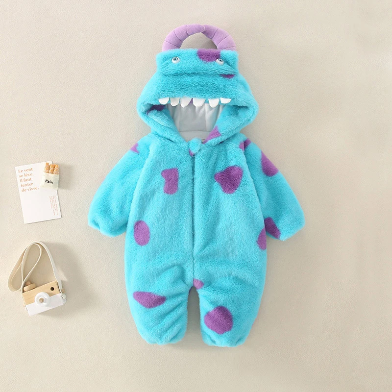 秋冬款婴幼儿连体衣棉衣小怪兽可爱外出哈衣夹棉加绒加厚连帽保暖