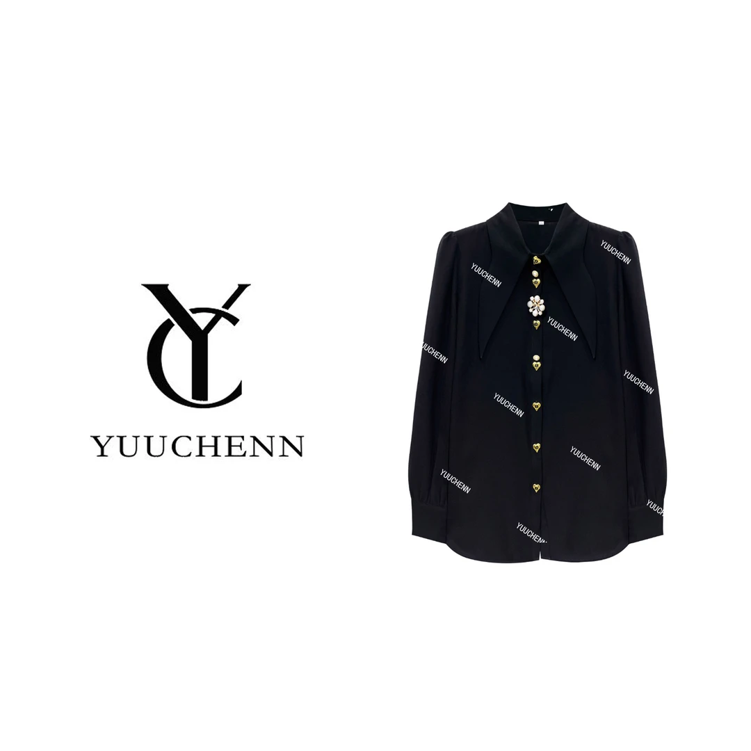 【YUUCHENN】黑色百搭简约小众设计镶钻衬衣高级感气质上衣26853