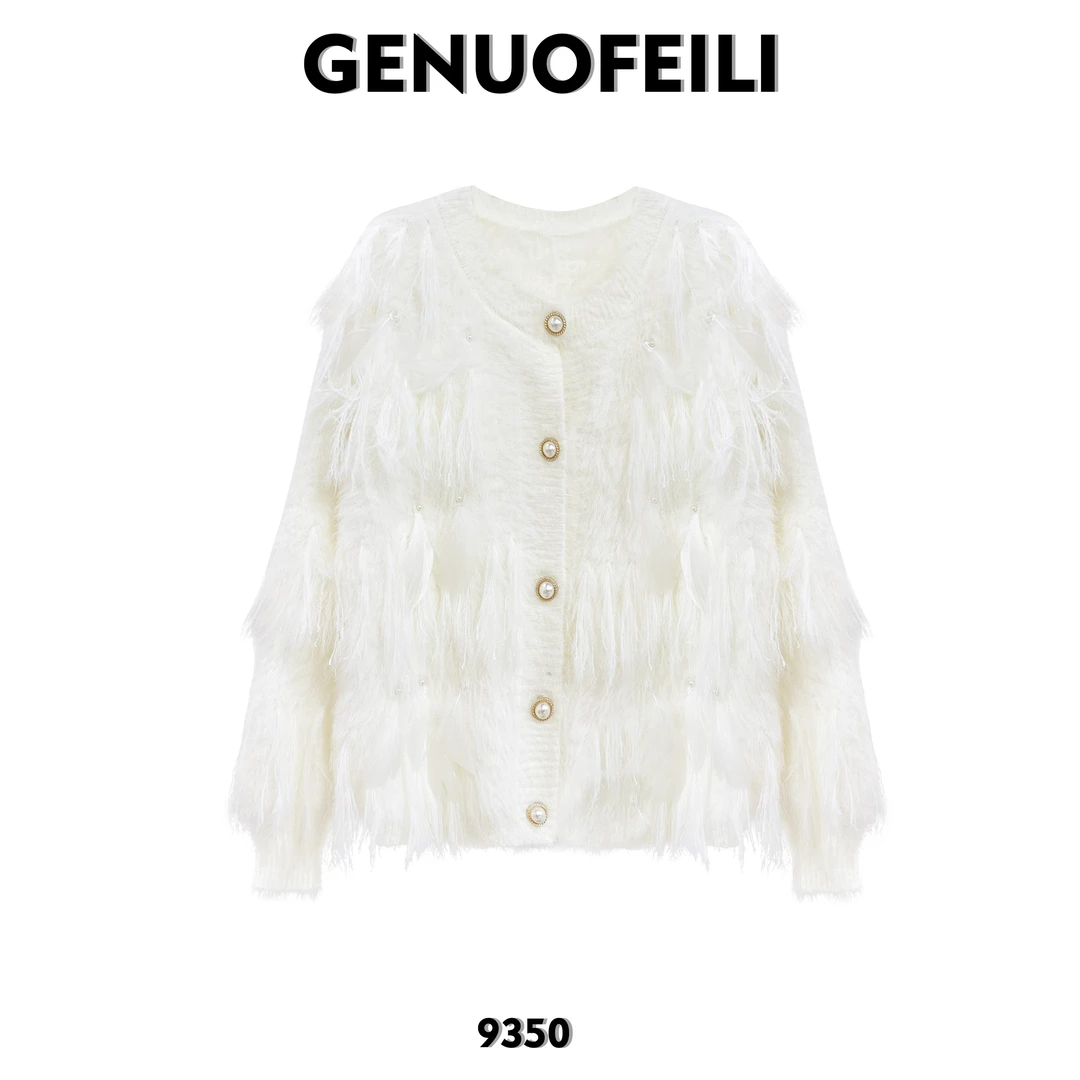 9350秋冬时尚休闲针织衫显瘦宽松慵懒风高级轻奢印花钉珠圆领毛衣