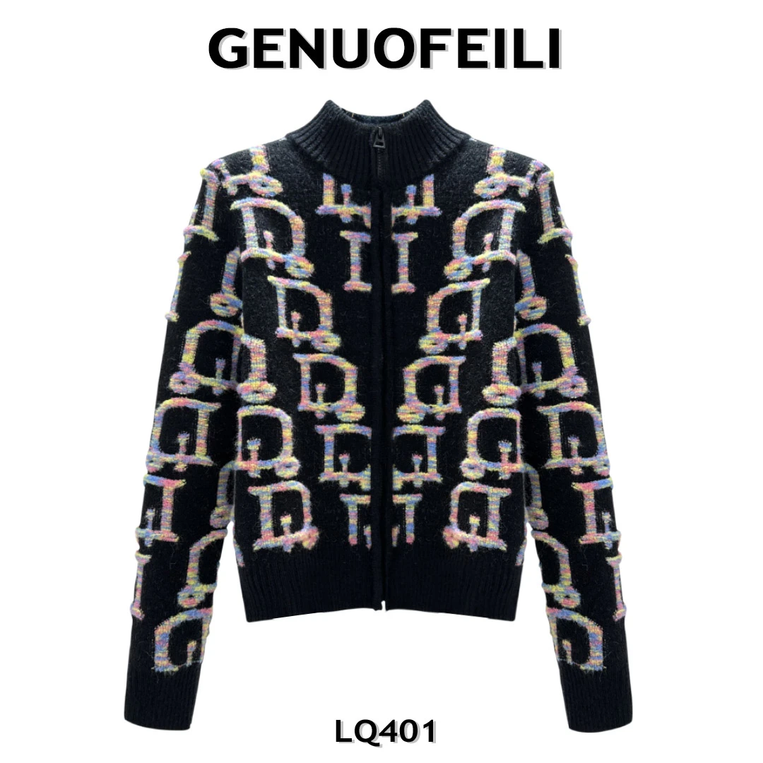 LQ401 秋冬新款时尚气质印花半高领百搭显瘦拉链毛衣针织外套女