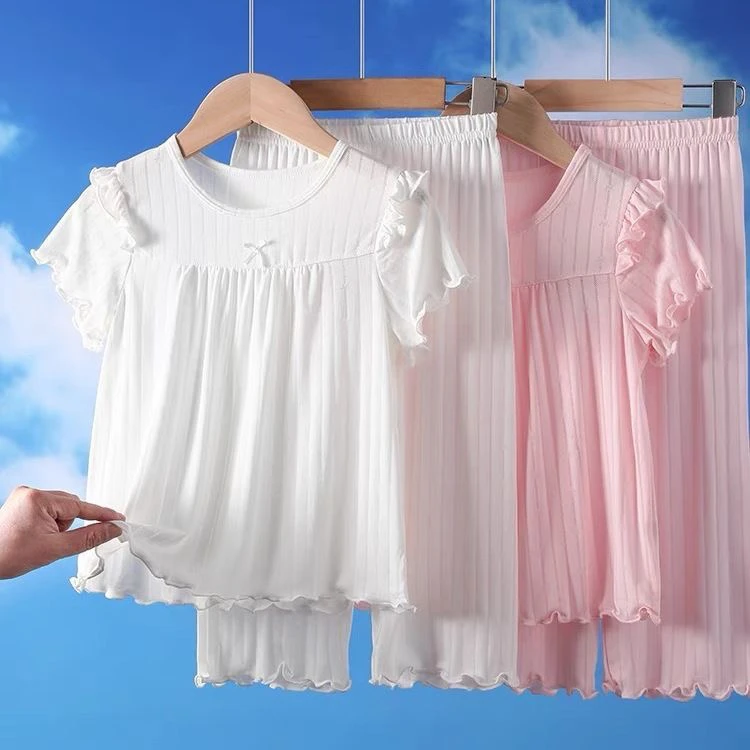 莫代尔儿童家居服套装女童公主风薄款短袖睡衣宝宝夏季冰丝空调服