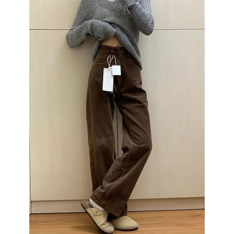 咖色灯芯绒阔腿裤女2025秋冬新款高腰复古休闲高个子拖地直筒裤
