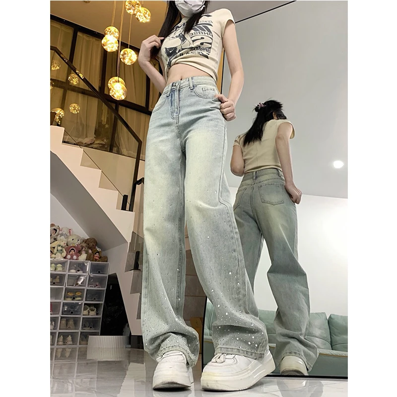 复古浅色烫钻牛仔裤女2025秋季新款小众时尚设计感高腰垂感阔腿裤