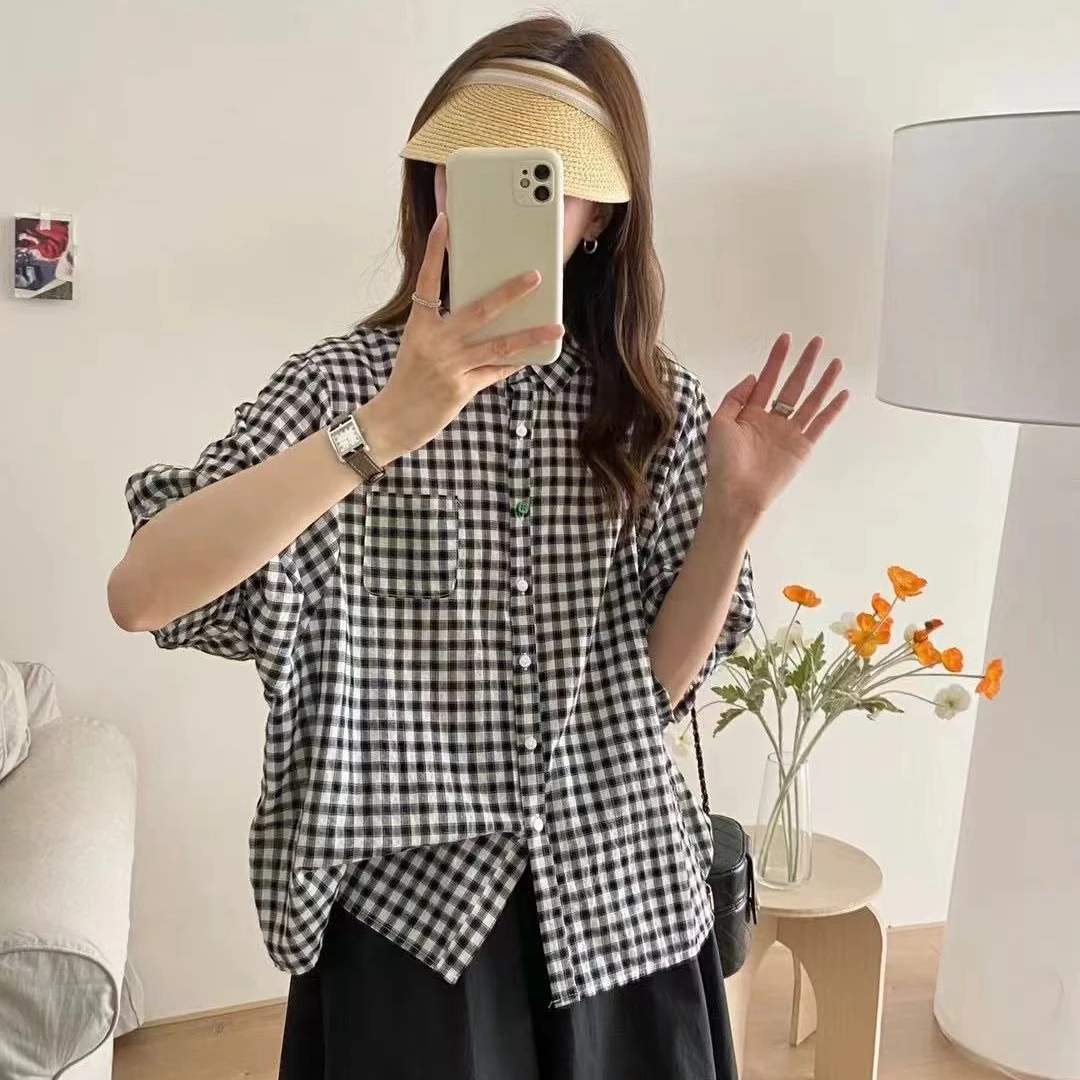 清货「 黑白格子 纯棉衬衫」夏季设计感单排扣气质显瘦宽松衬衣9833