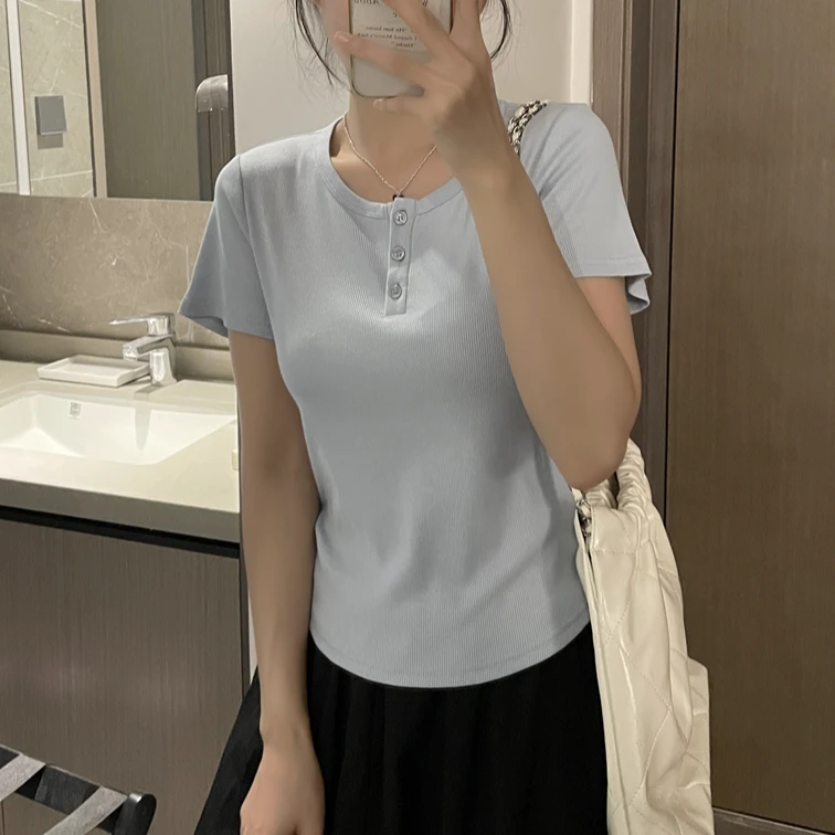 「设计感 三粒扣」爽棉修身短款显瘦T恤 夏季薄款百搭圆领短袖T067
