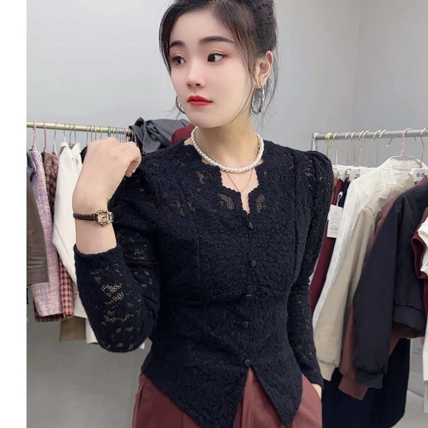 y【80-150斤】大女主V领法式蕾丝2024秋季百搭长袖上衣女Y8888