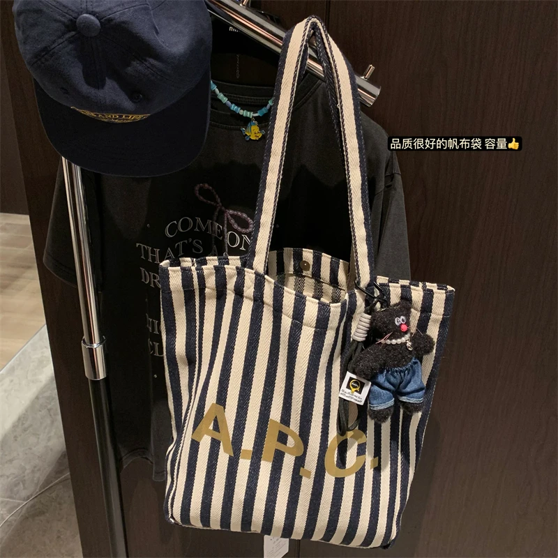 韩国博主同款APC条纹字母帆布袋女2024夏百搭托特女包大容量