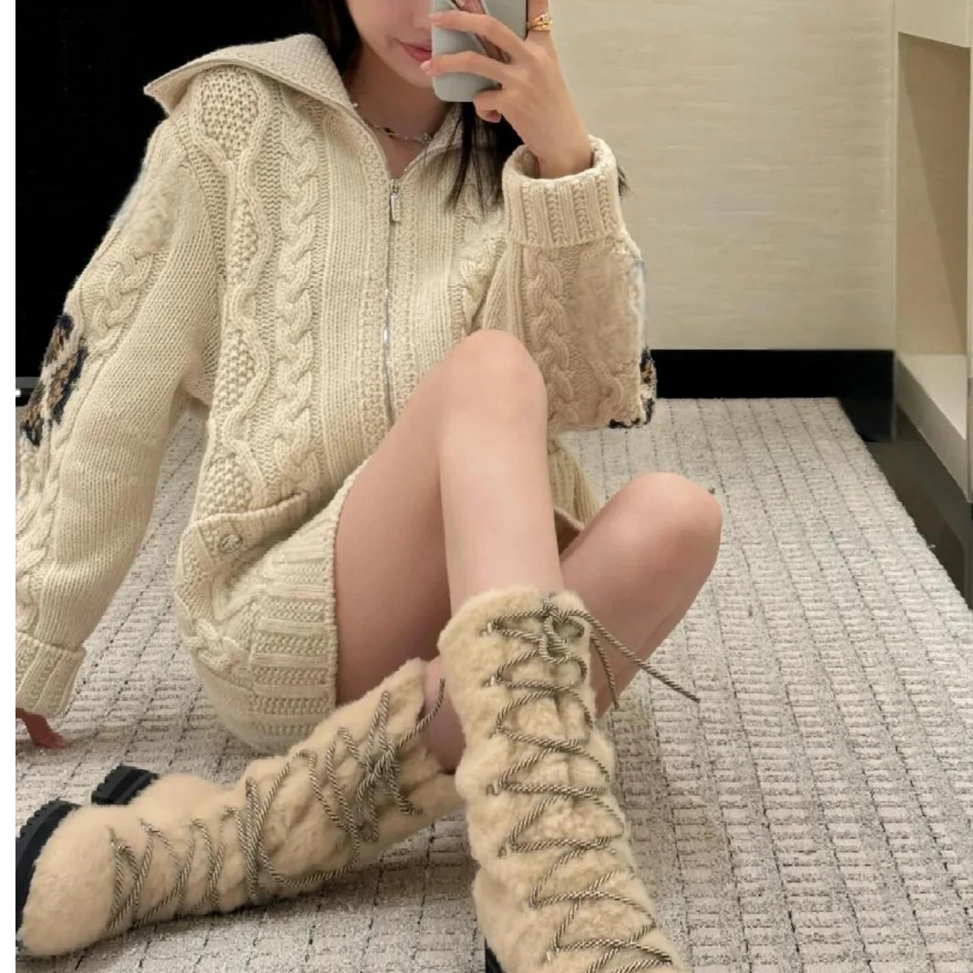 【宽松慵懒】24冬复古小香风麻花大翻领勾花针织厚外套YZ24K00943