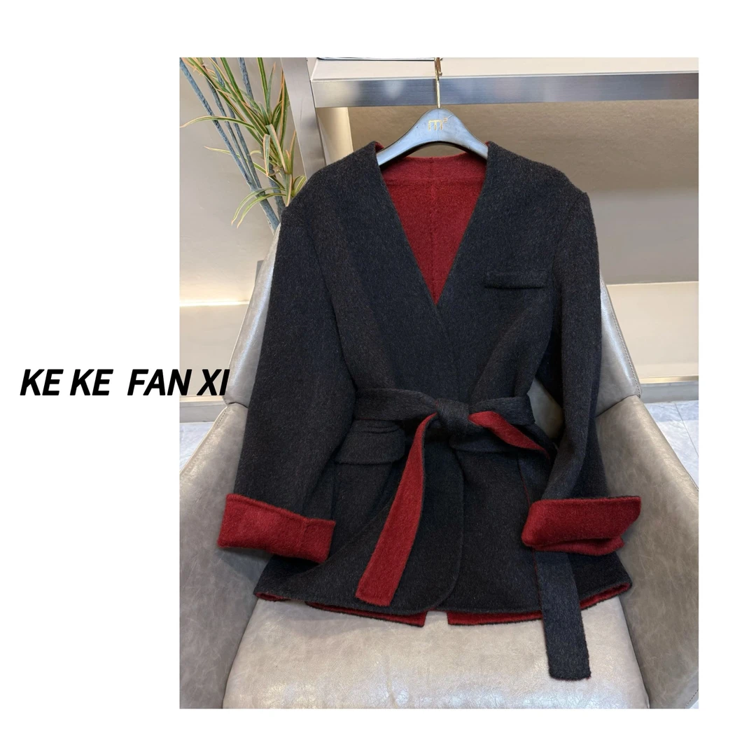 8608内里红色羊毛大衣系腰带气质时尚设计师轻奢秋冬女士百搭