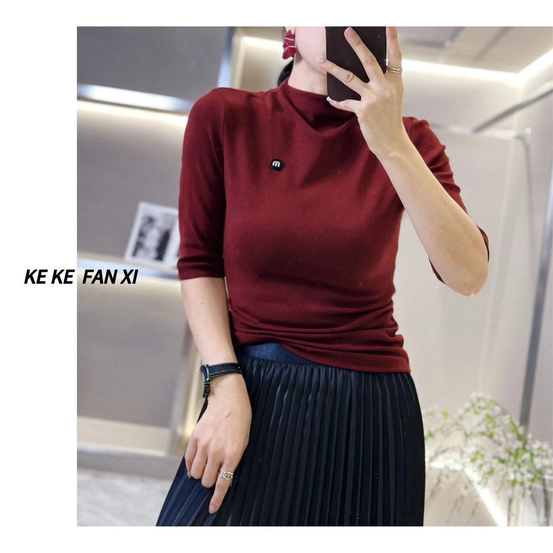 88028立领M标短袖T显瘦时尚百搭修身女士纯色洋气秋季