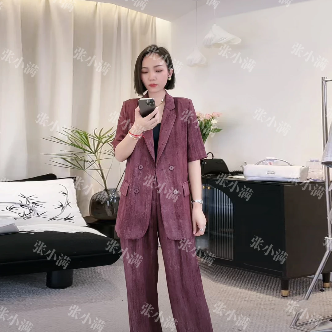 薄款西装套装女夏款亚麻混纺国风扎染显瘦遮肉洋气套装919