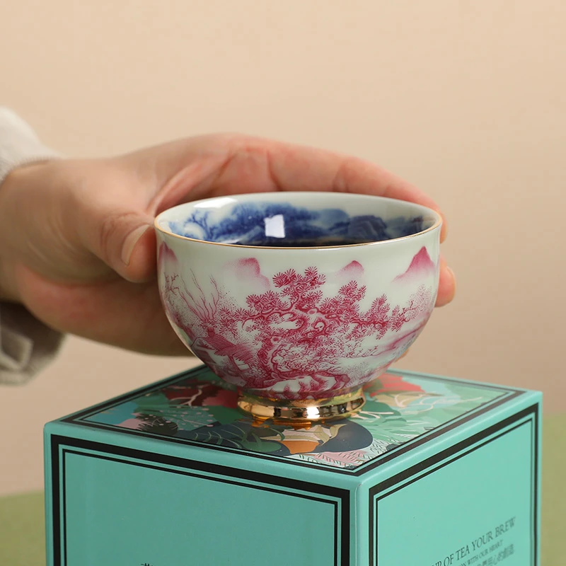 成艺玛瑙红山水泡茶杯主人杯高档陶瓷茶杯单杯礼盒礼袋高端茶器