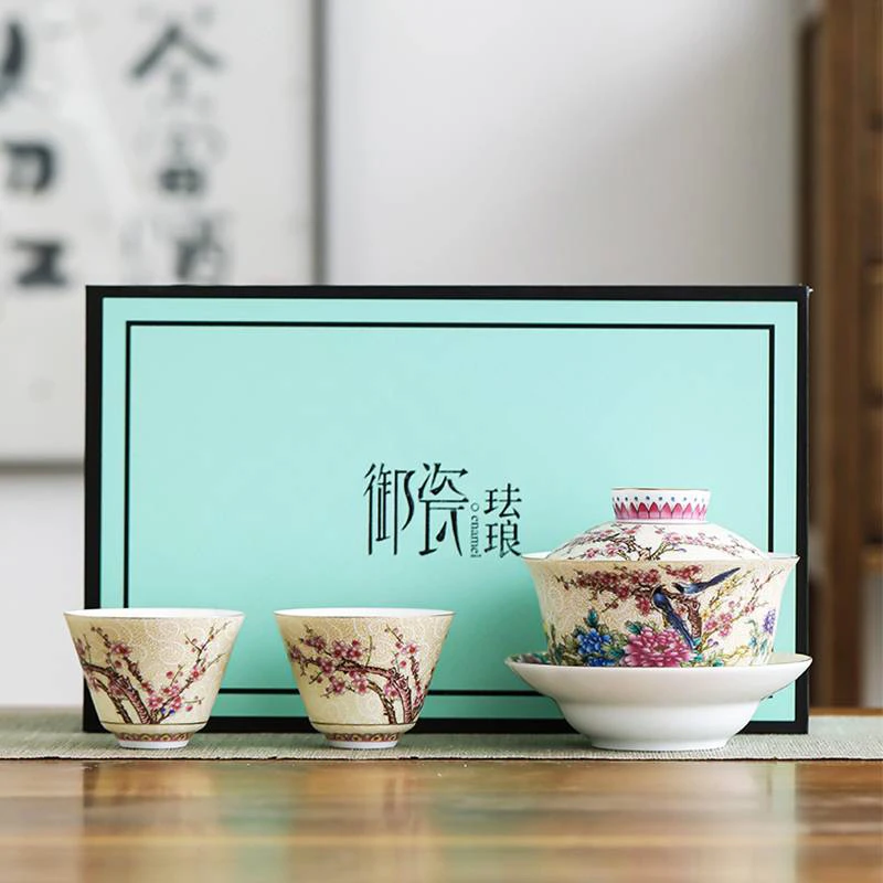 手工掐丝牡丹盖碗中式大号高档茶具套装陶瓷功夫茶具家用茶壶茶杯