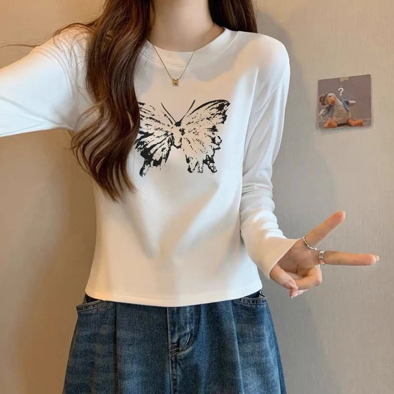 长袖t恤女2024新款修身圆领打底衫春秋内搭显瘦白色早秋季上衣潮