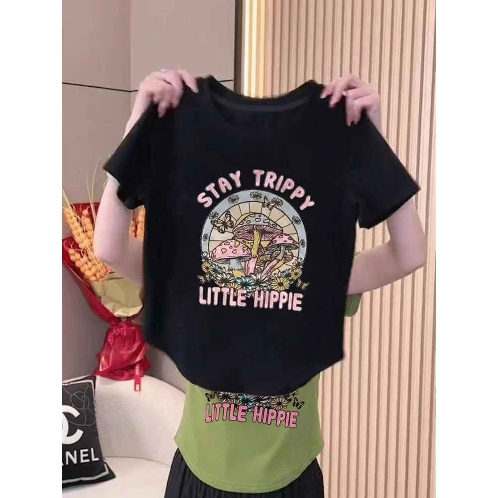 短袖t恤女正肩灰色夏小众设计感圆领上衣修身印花短款显瘦打底衫