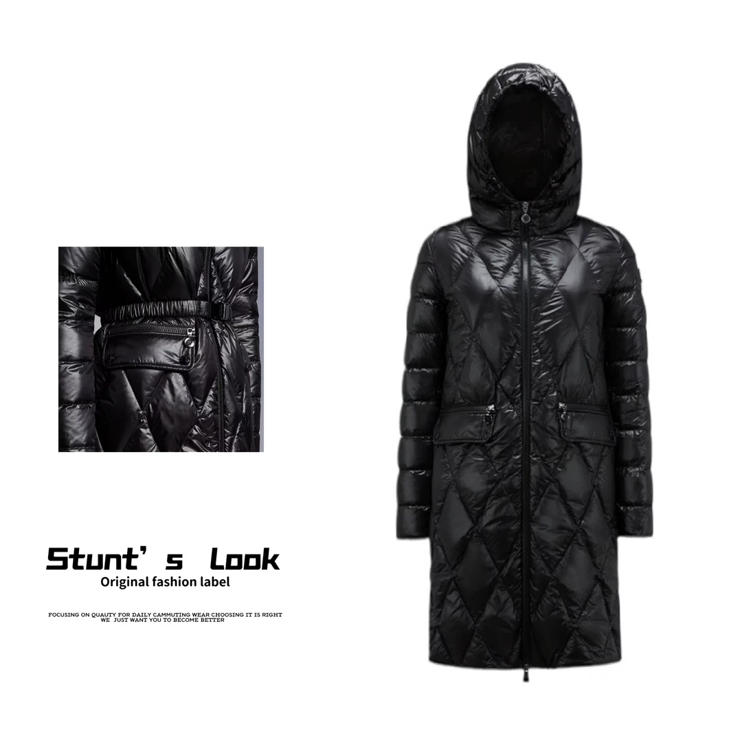 冬季新款显瘦百搭修身菱格连帽中长款鹅绒服女款0805