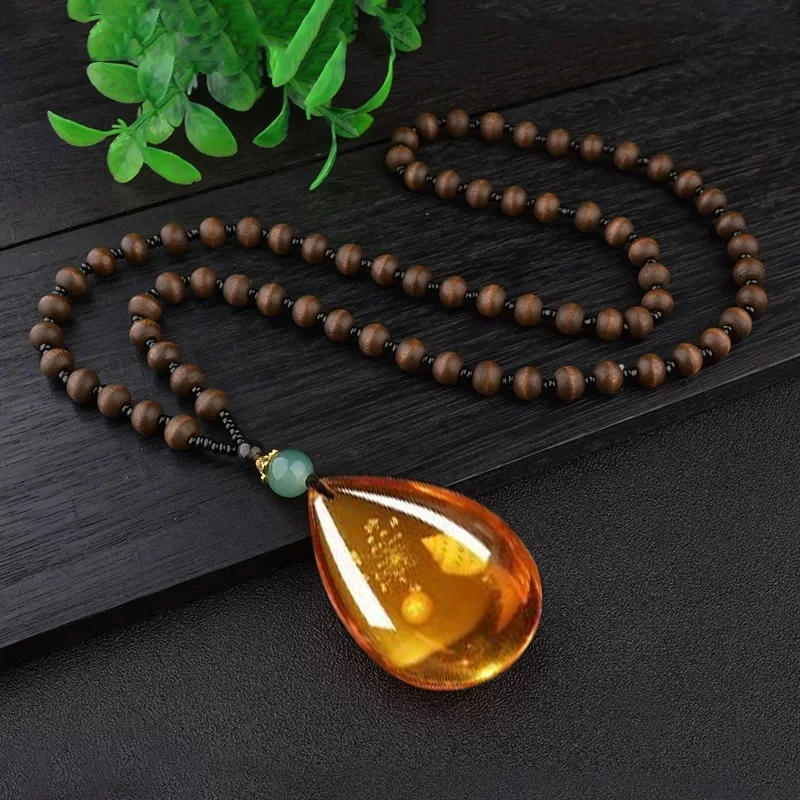 非金属木质项链 国风 水滴行吊坠优雅百搭木制毛衣链 EF203