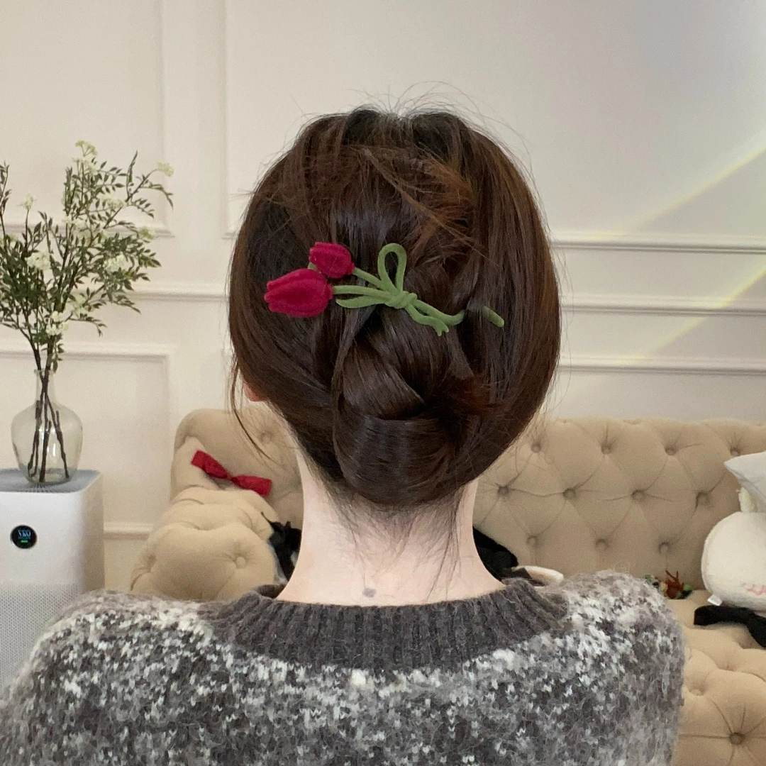 秋冬植绒郁金香一字夹法式高级感女后脑勺盘发抓扭扭夹发卡头饰