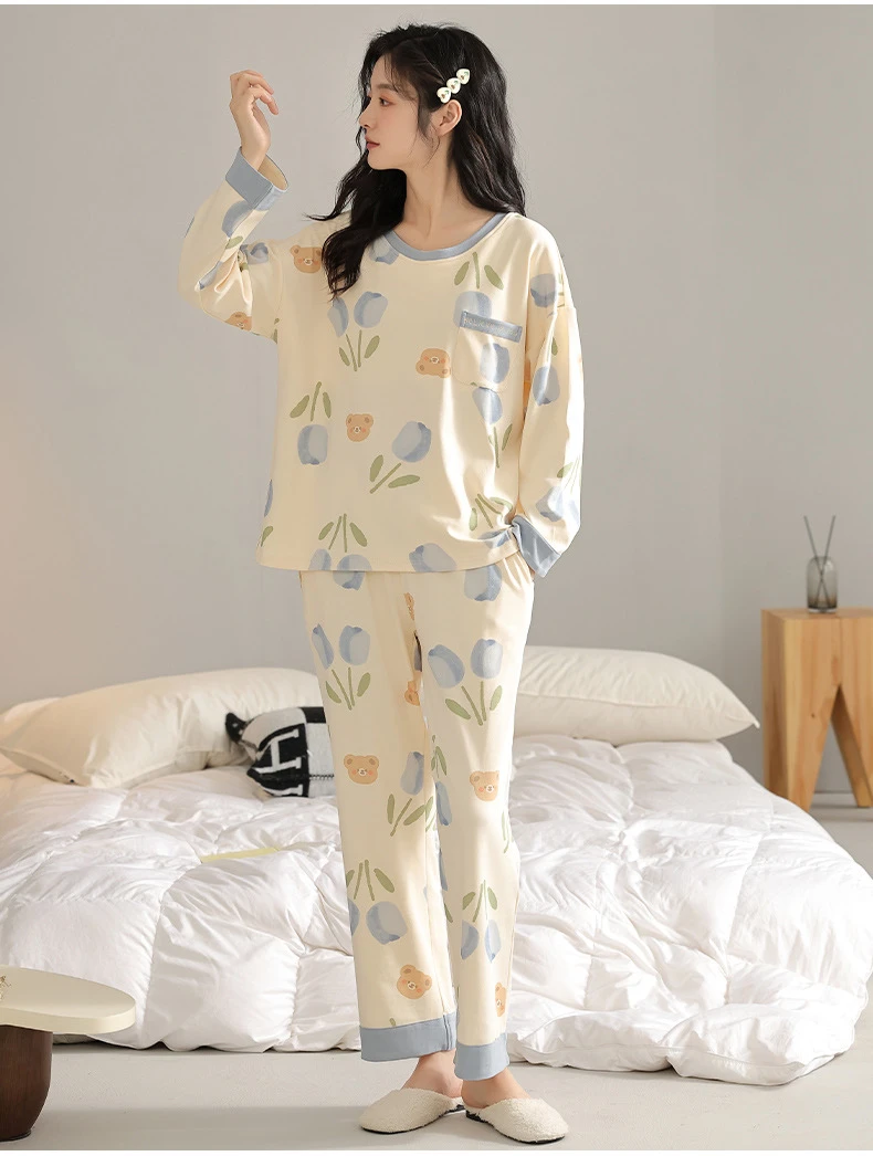 编号[E301-E350]春秋双层纱布少女睡衣家居服套装时尚甜美