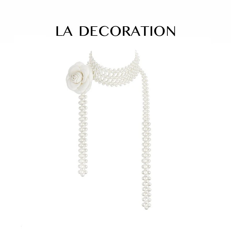 LADECORATION 非金属仿珍珠项链 山茶花长项链时尚气质优雅长款