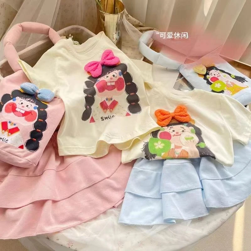女童韩版立体蝴蝶结短袖T恤2024夏新女宝宝洋气卡通印花上衣纯棉