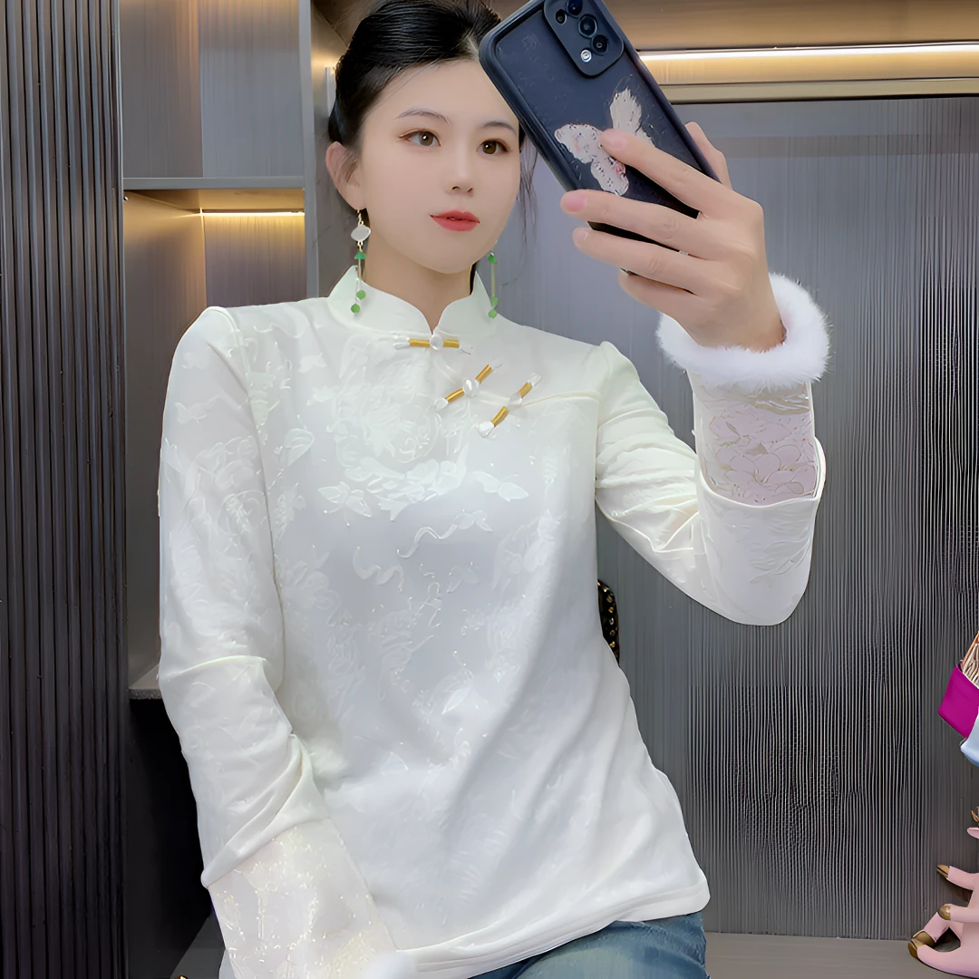 【美美扣】冬季加绒加厚打底上衣网红时尚中式重工重工冬款提花