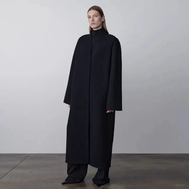 某牌黑青色立领双面羊毛过膝长款2024秋冬新款气场全开毛呢外套