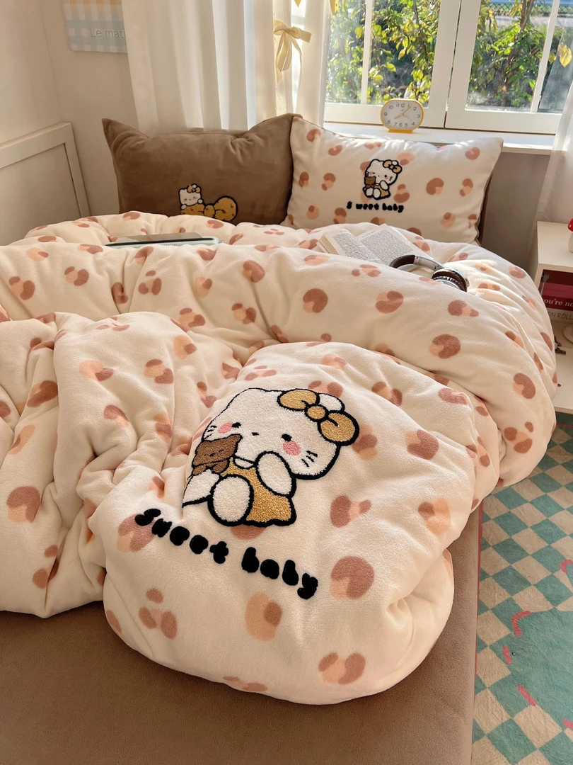 「梦皙」卡通可爱毛巾绣牛奶绒四件套2024新款冬季加厚床单人被套三