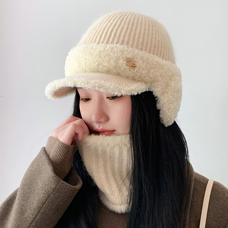 日本2023年新款帽子女冬季骑车加绒加厚保暖护耳兔毛帽针织毛线帽
