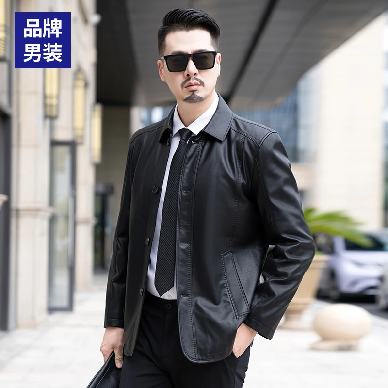 【不裂皮5-25度穿】休闲爸爸装外套中年中老年男装秋季皮衣夹克翻领