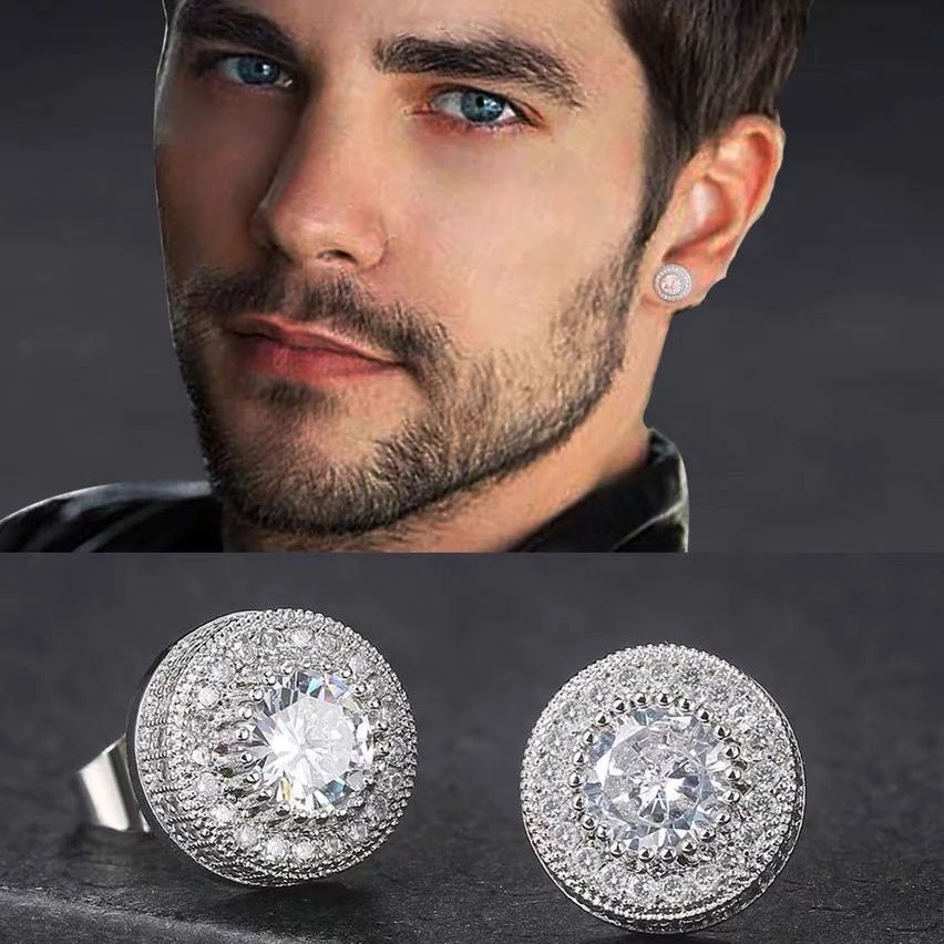 Zircon Earrings 韩版925银银锆石满圆形耳钉ins小众男女嘻哈