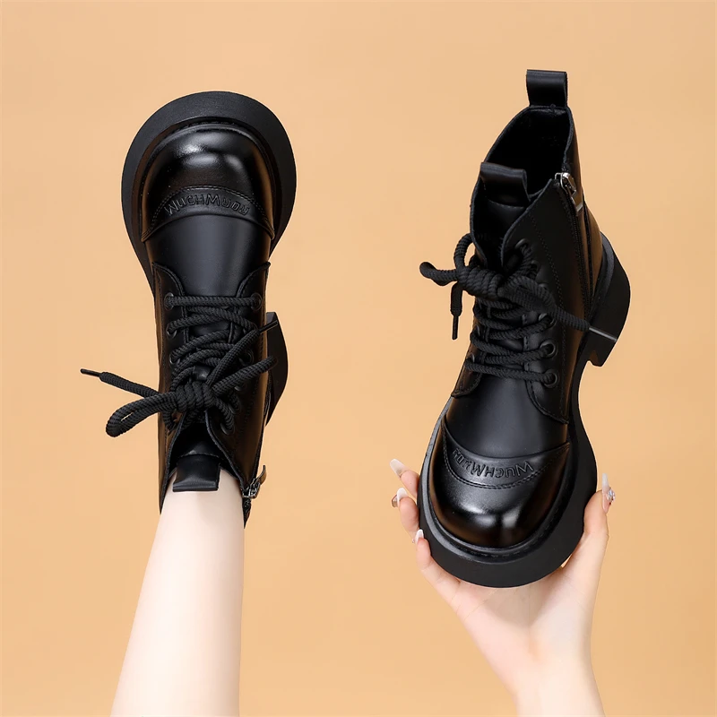 真皮厚底马丁靴女2024年秋冬新款英伦风显瘦百搭棉靴软底防滑短靴