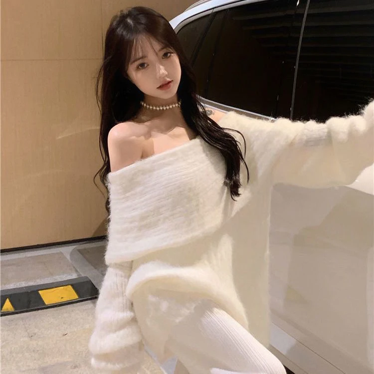 早春季chic上衣新款女宽松白色一字肩内搭针织衫短款毛衣秋冬韩版