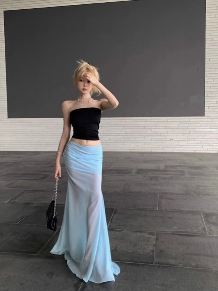 设计感小众网纱半身裙女2024夏季新款性感气质修身低腰鱼尾长裙子